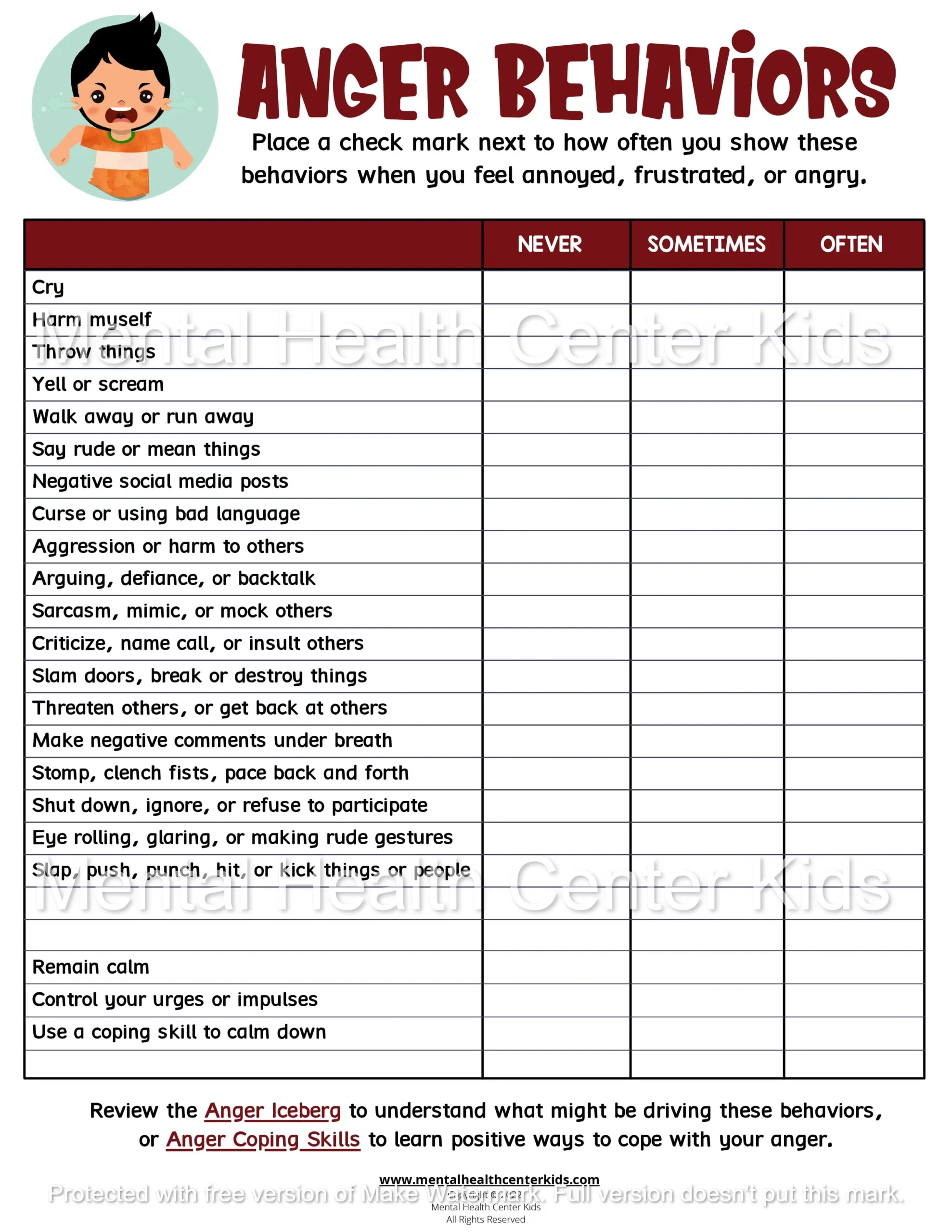 Free Printable Anger Worksheets