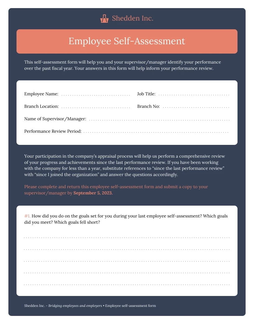 Annual Employee Self Evaluation Performance Form Template Venngage