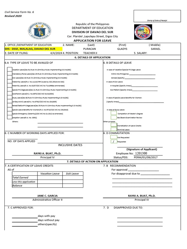 Application For Leave CSC Form 6 New 2024 PDF Sick Leave 