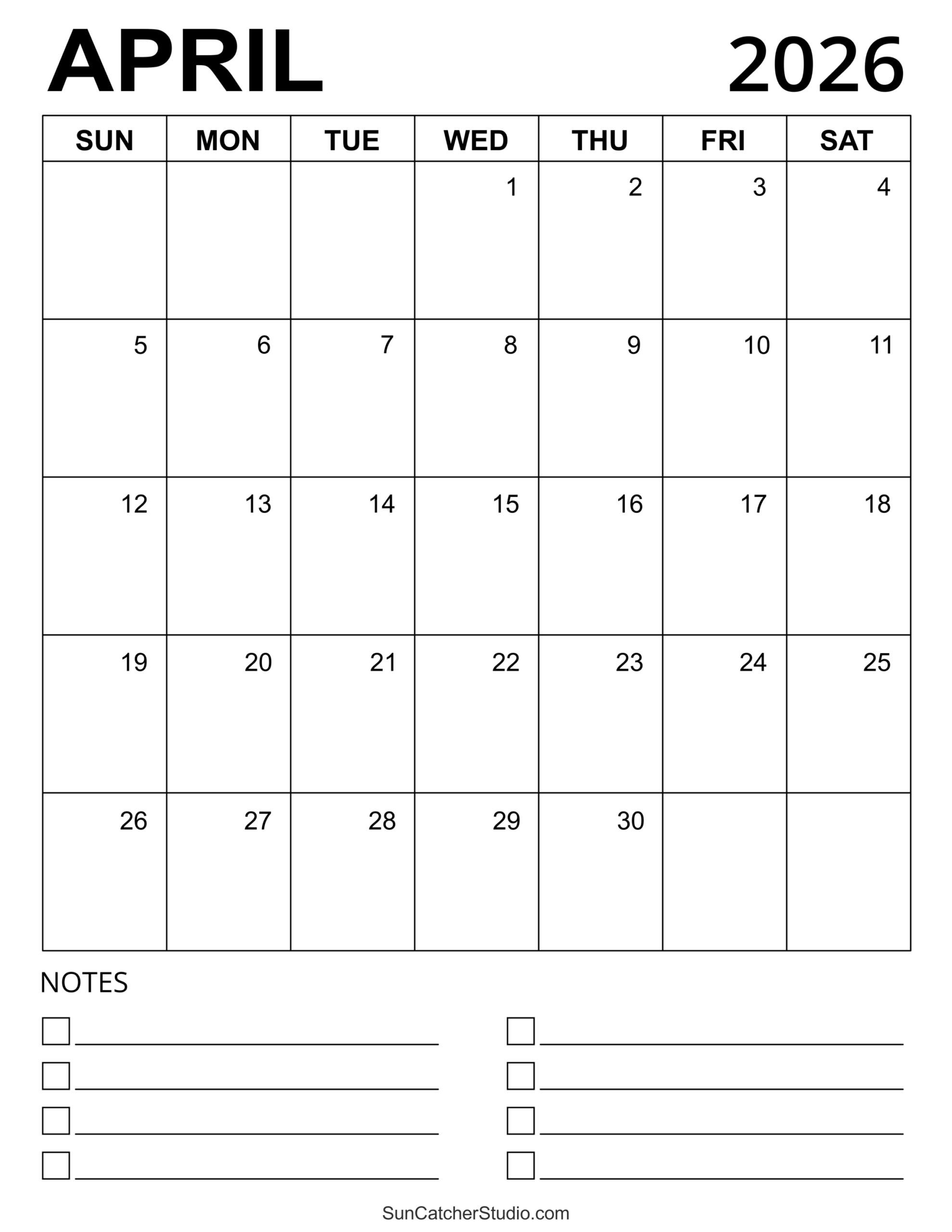 Blank Calendar April 2026 Printable