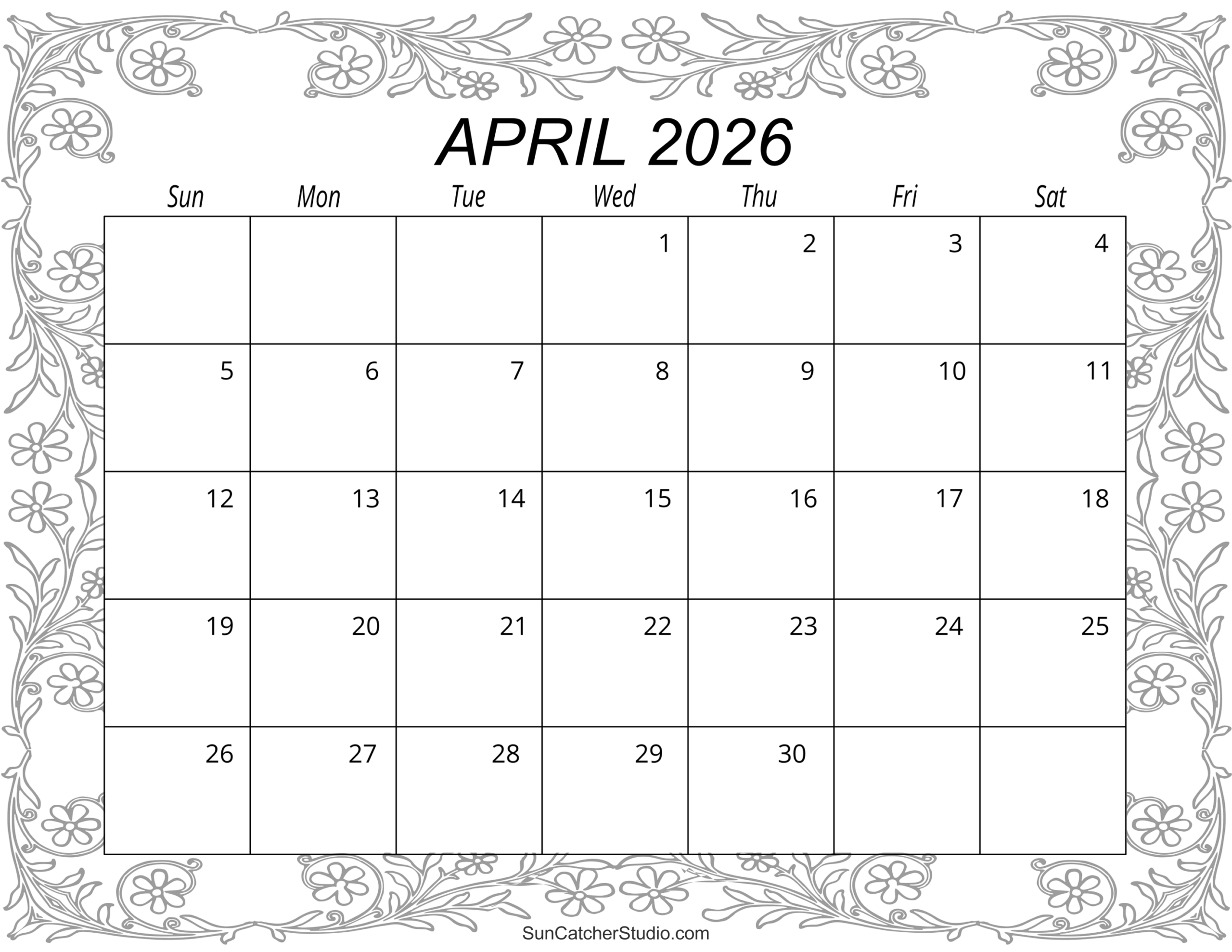 Printable Blank 2026 Calendars April
