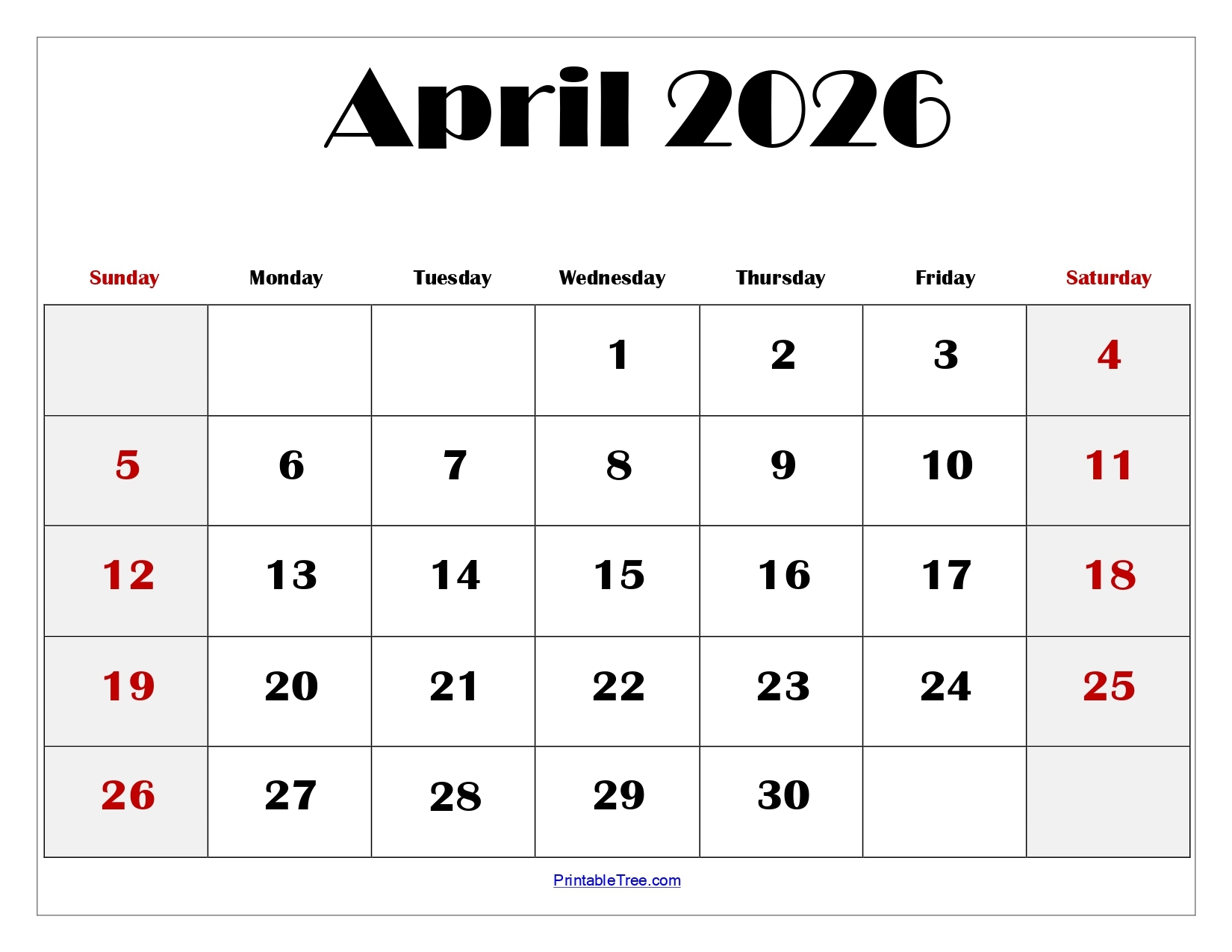 April 2026 Calendar Blank Printable