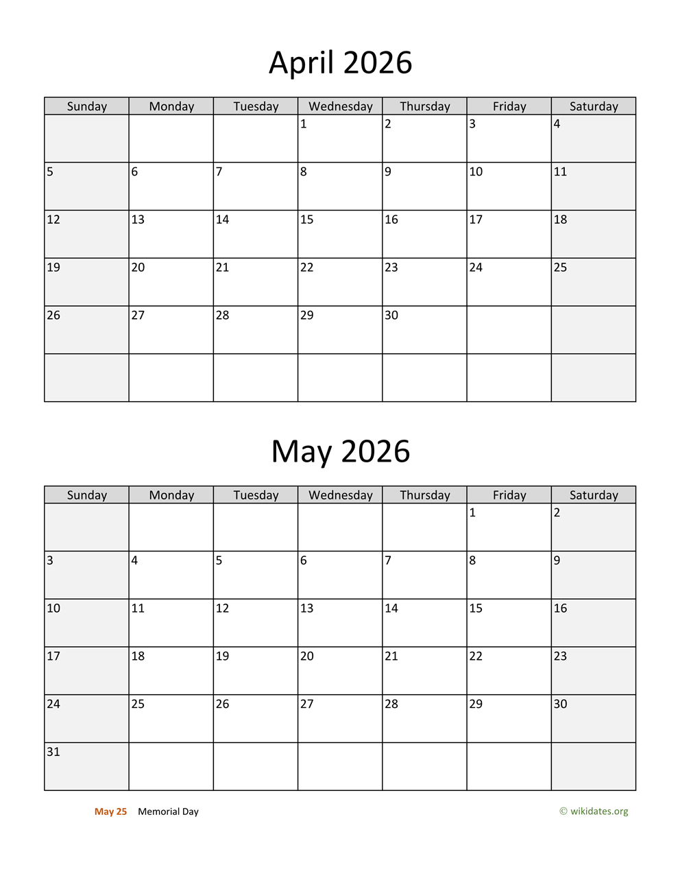 April May 2026 Calendar