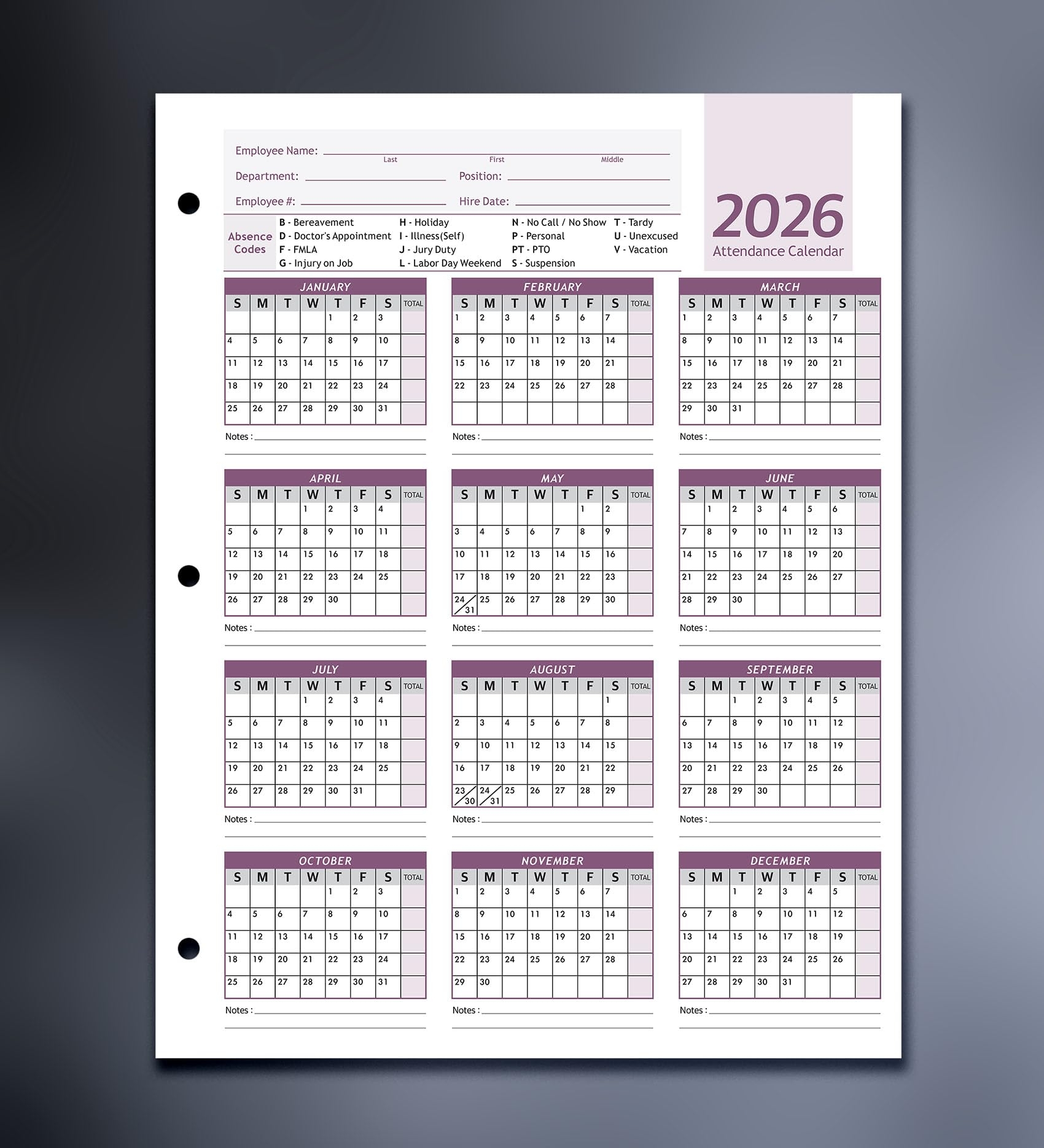 Attendance Calendar Employee Card Attendance Record Tracker 2026 
