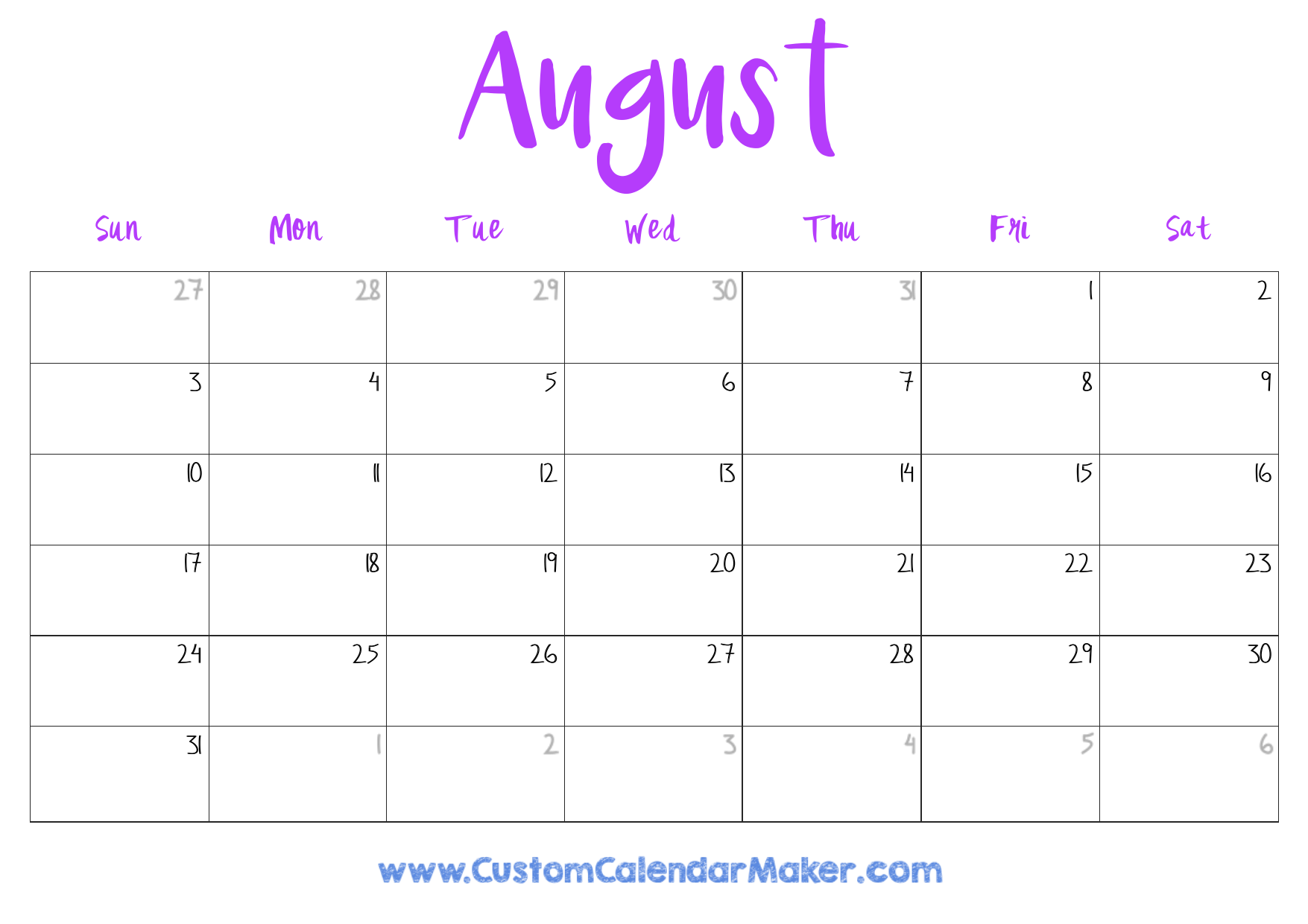 August Printable Blank Calendars Free