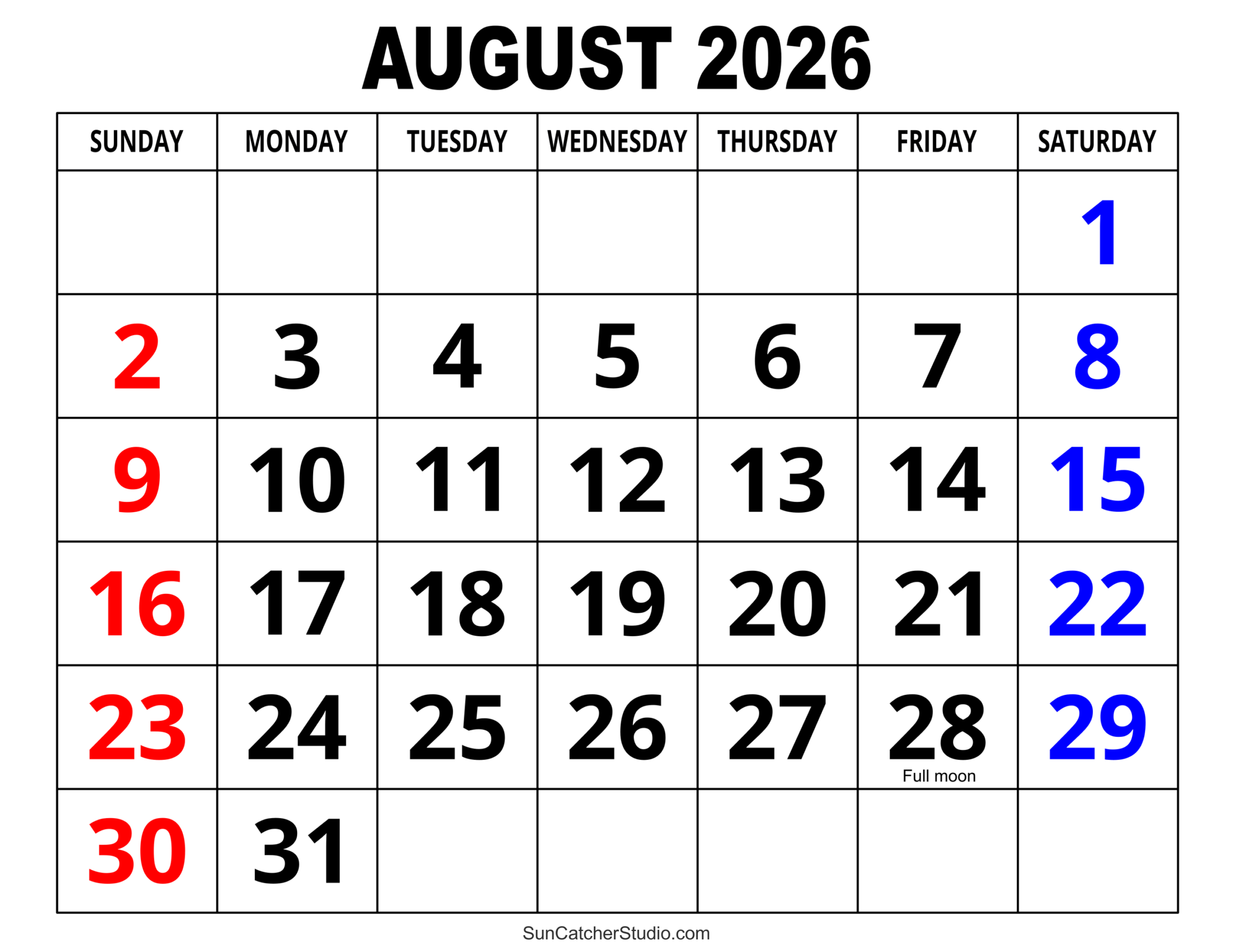 August Printable Calendar 2026