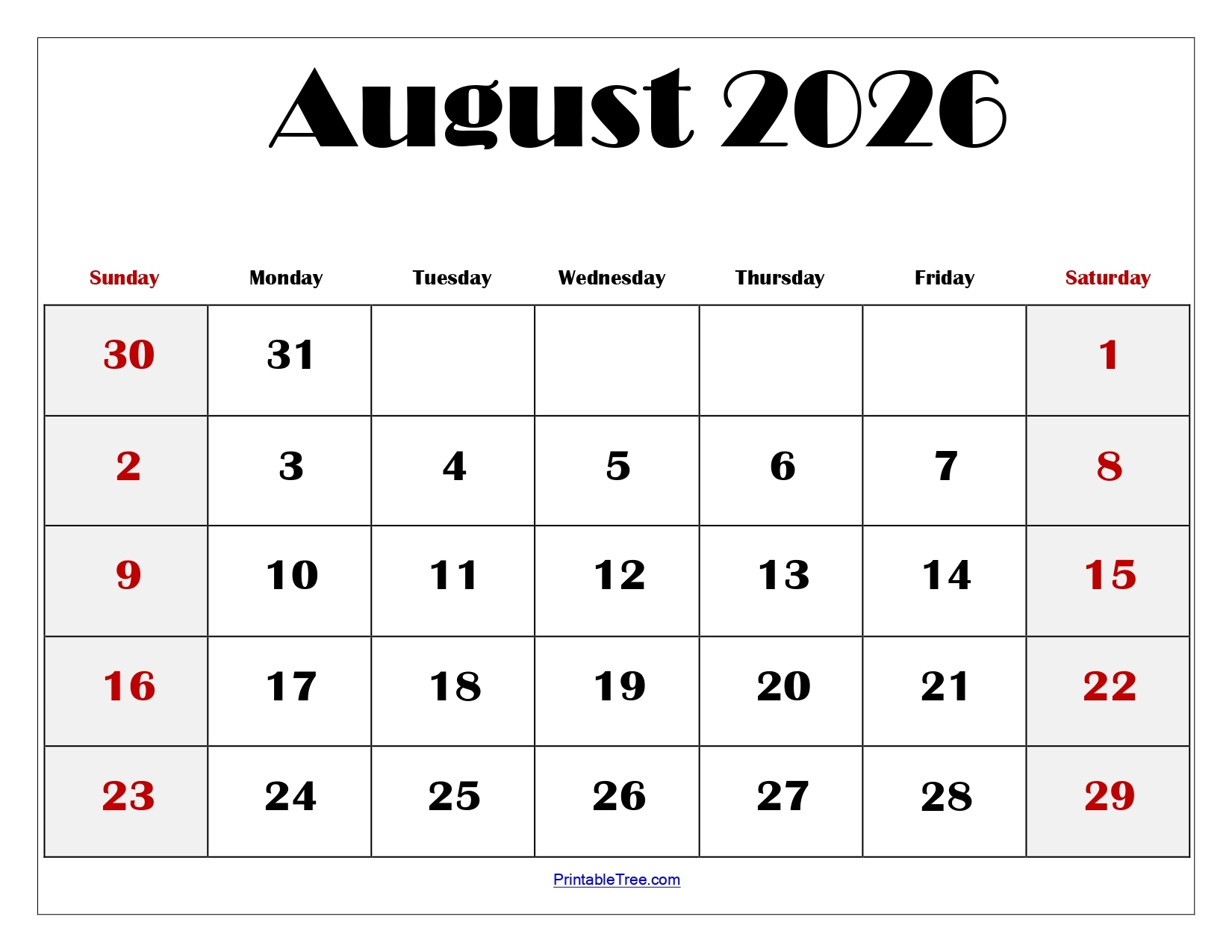 August 2026 Blank Printable Calendar