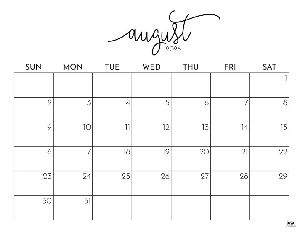 August 2026 Calendars 123 FREE Printables Printabulls