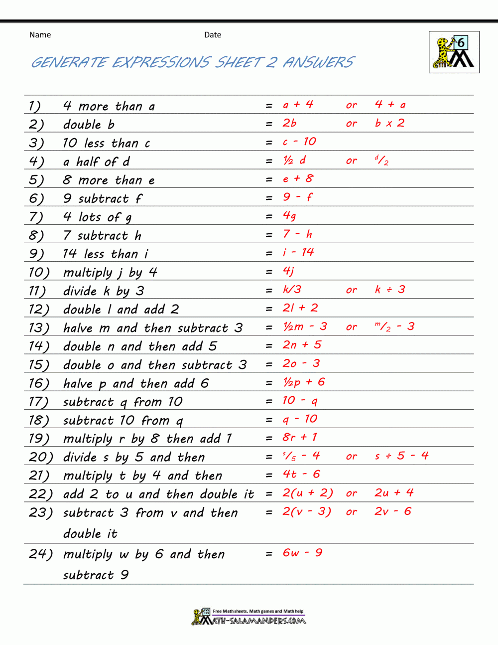 Free Printable Math Basic Algebra Worksheets