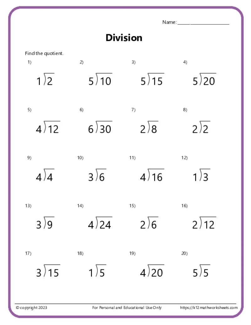 Long Division Worksheet Printable