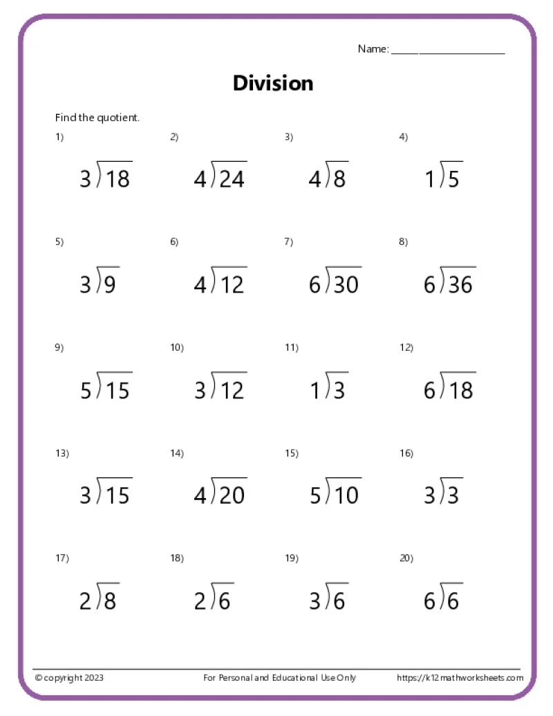 Grade 3 Math Division Worksheets Printable