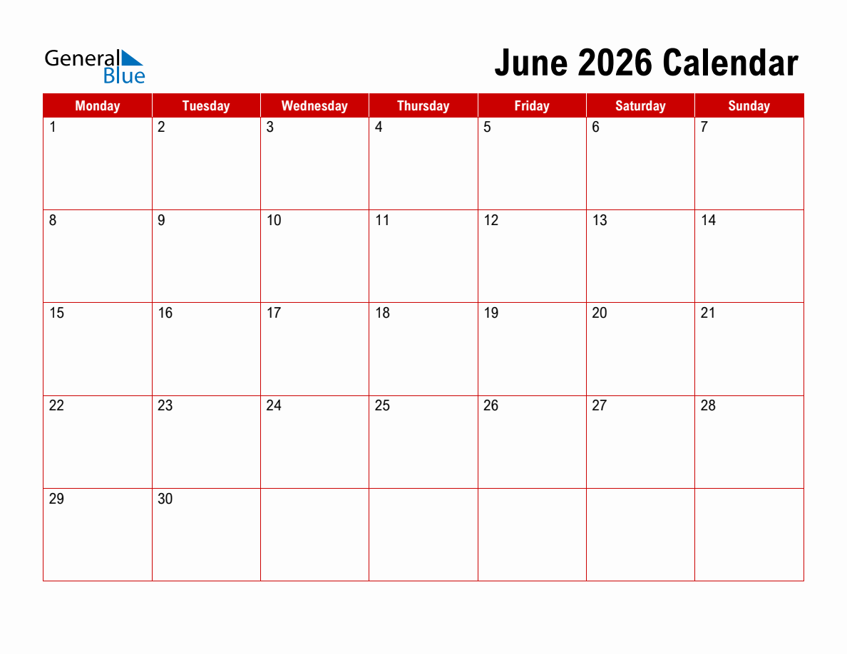 June Blank Calendar 2026 Monday Start