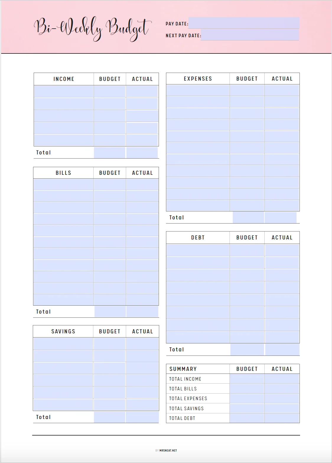 Printable Bi Weekly Budget Worksheet Pdf