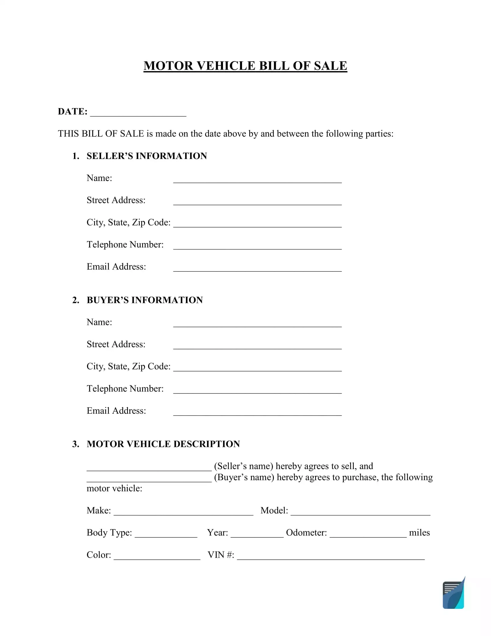 Free Printable Vehicle Bill Of Sale Template