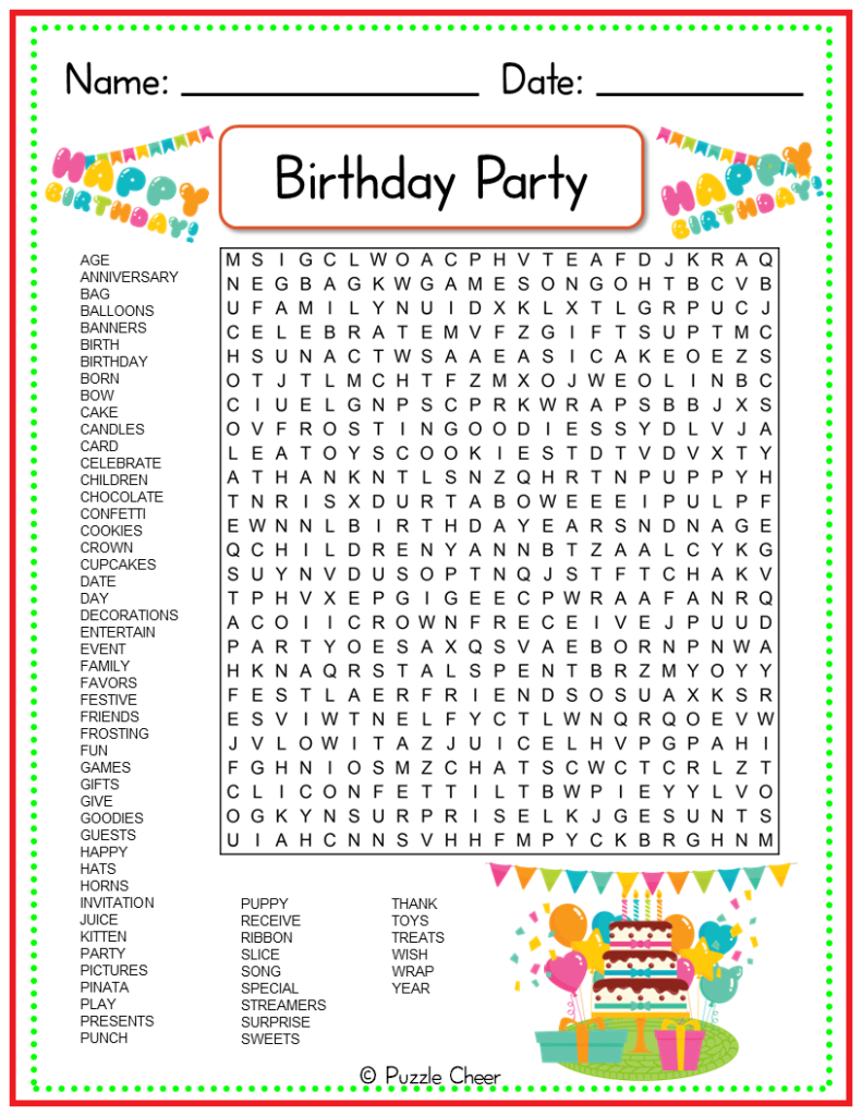 Birthday Party Word Search Puzzle Puzzle Cheer