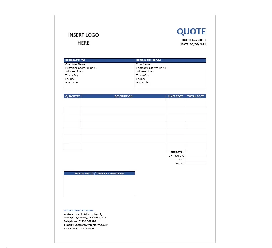 Blue Quote Template Printable Business Form digital Download 