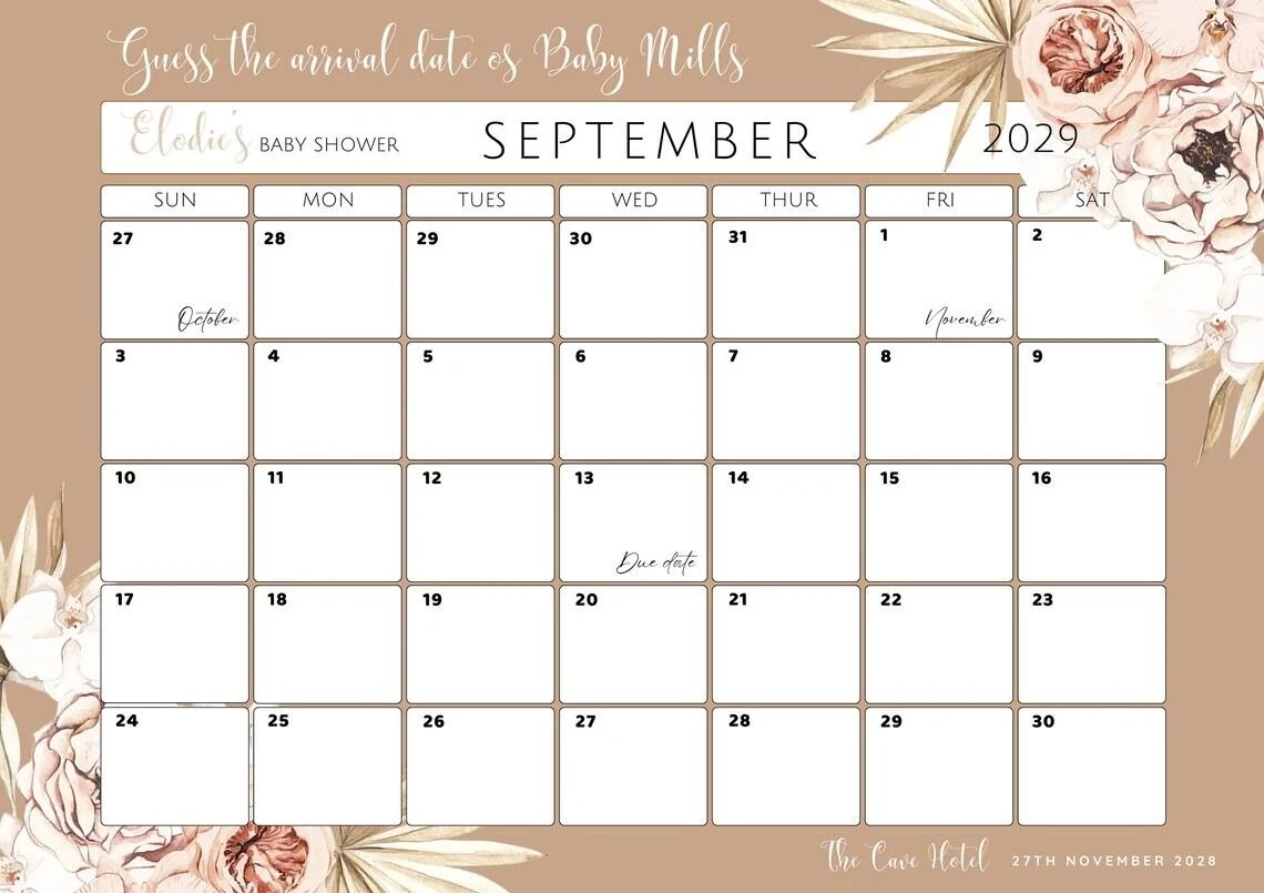 Printable Baby Shower Calendar November