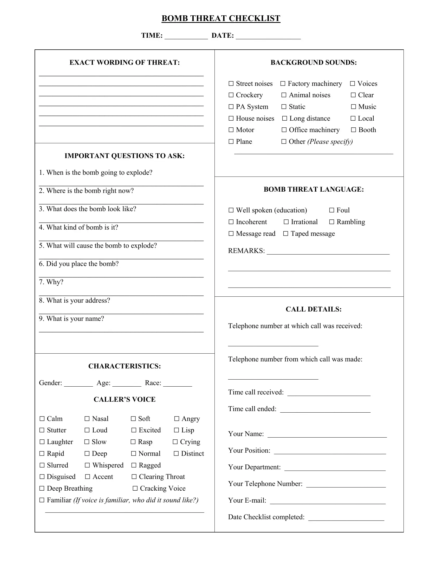 Bomb Threat Checklist Form Fill Out Printable PDF Forms