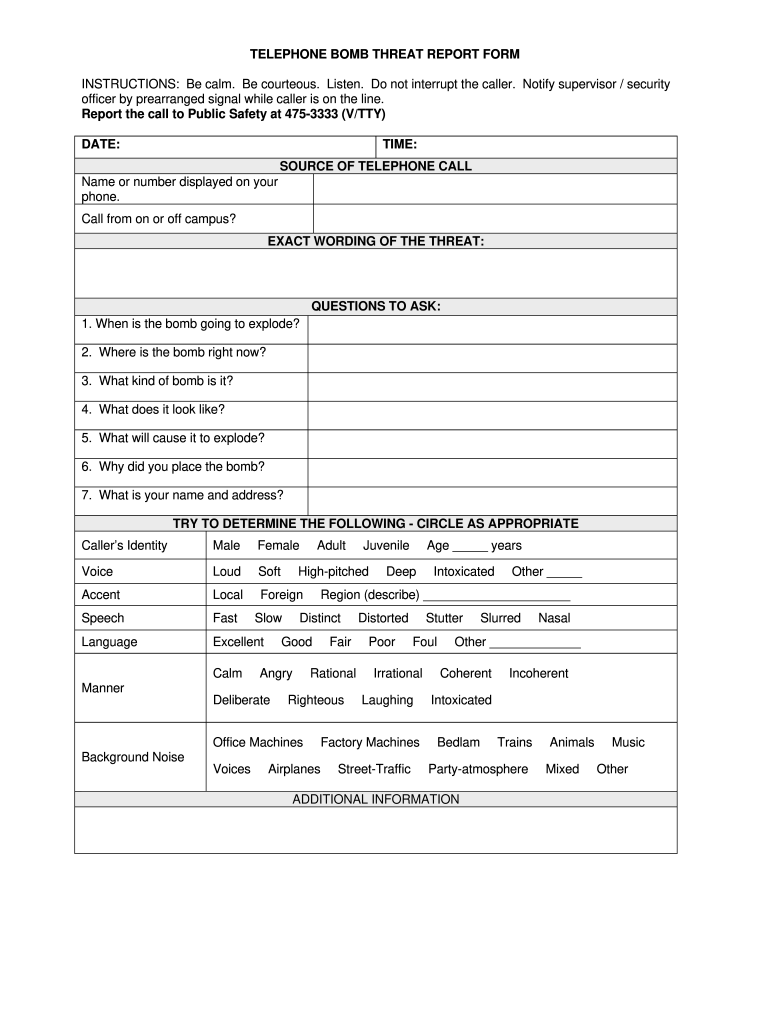 Printable Bomb Threat Checklist Template