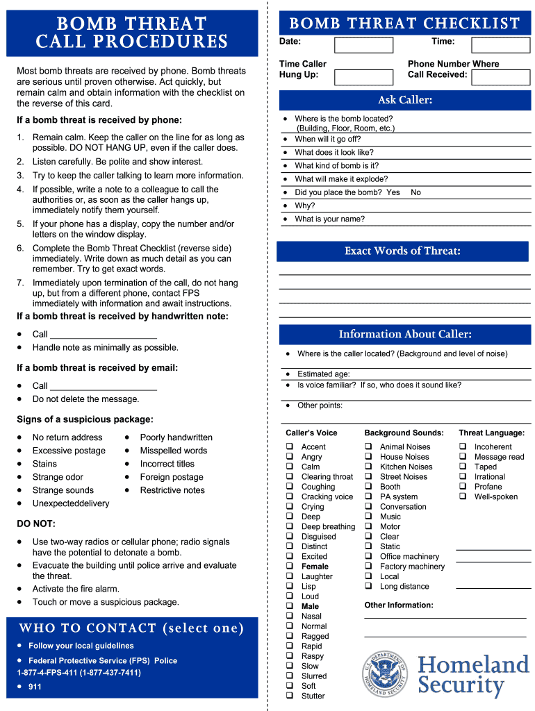 Bomb Threat Checklist Template Fill Out amp Sign Online DocHub