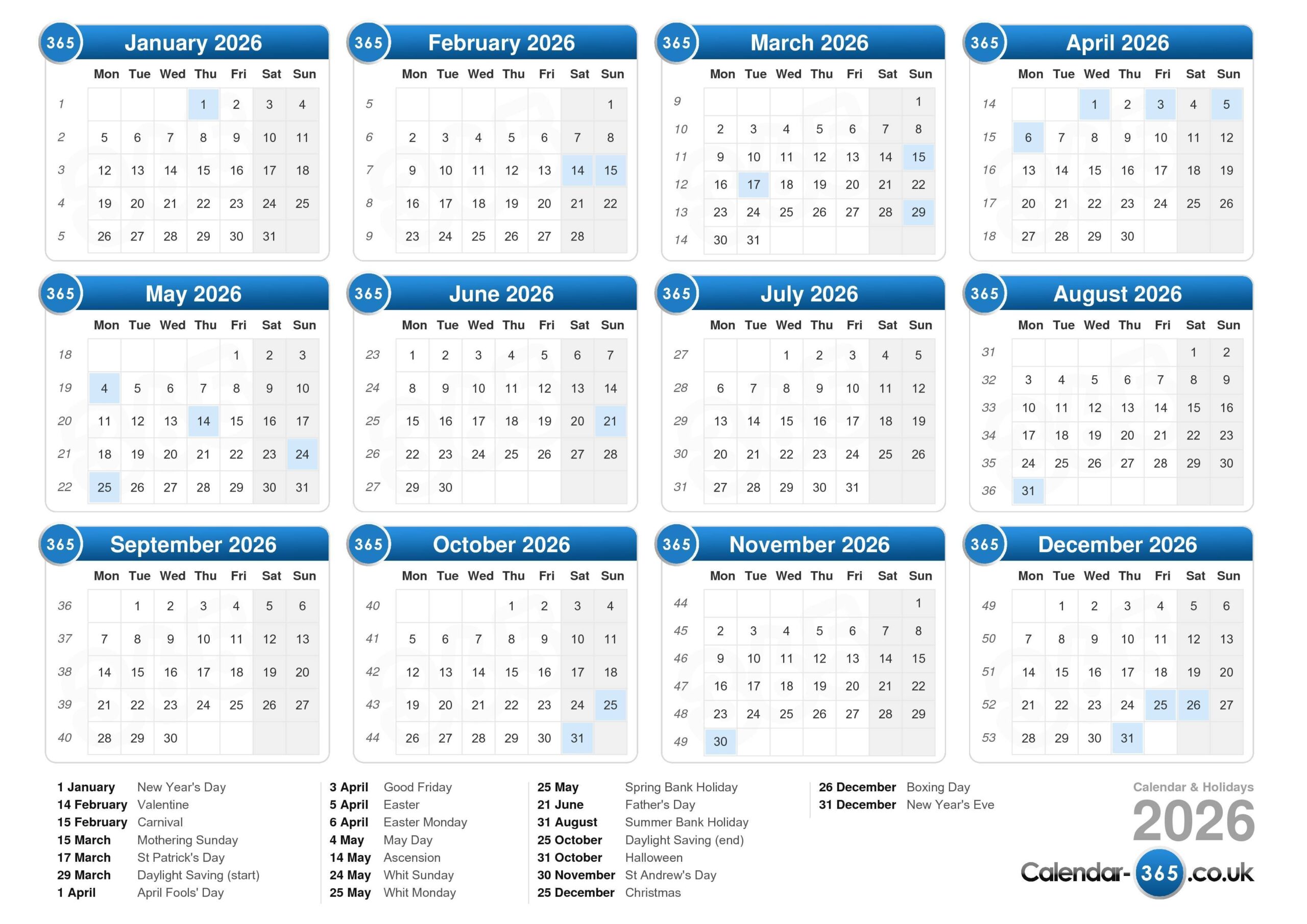 Printable 2026 Calendar Uk