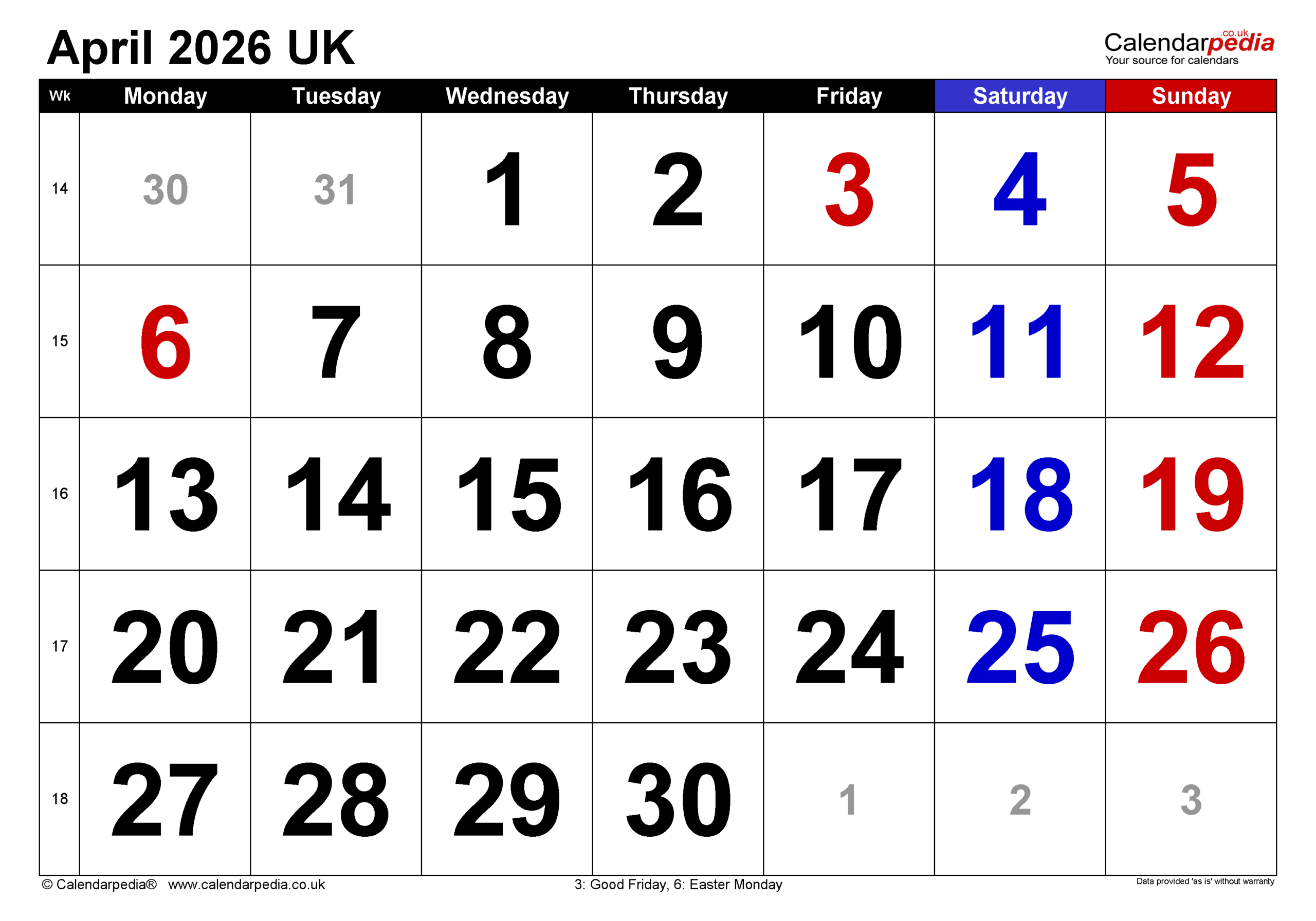 April 2026 Calendar Printable