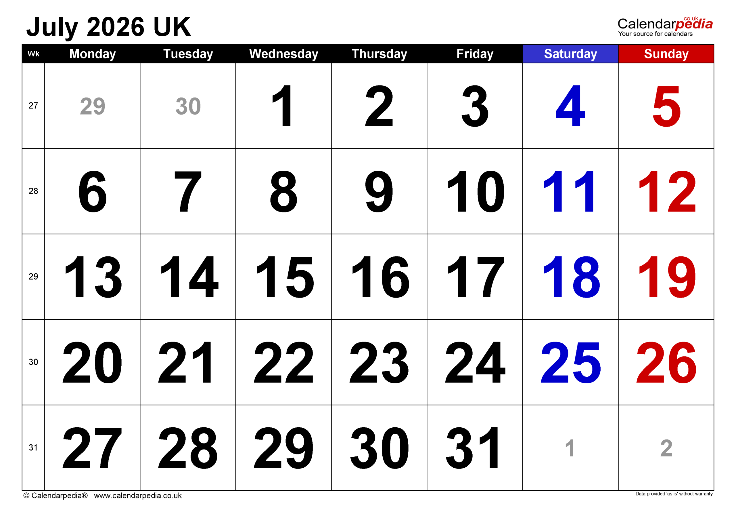July 2026 Calendar Printable Pdf