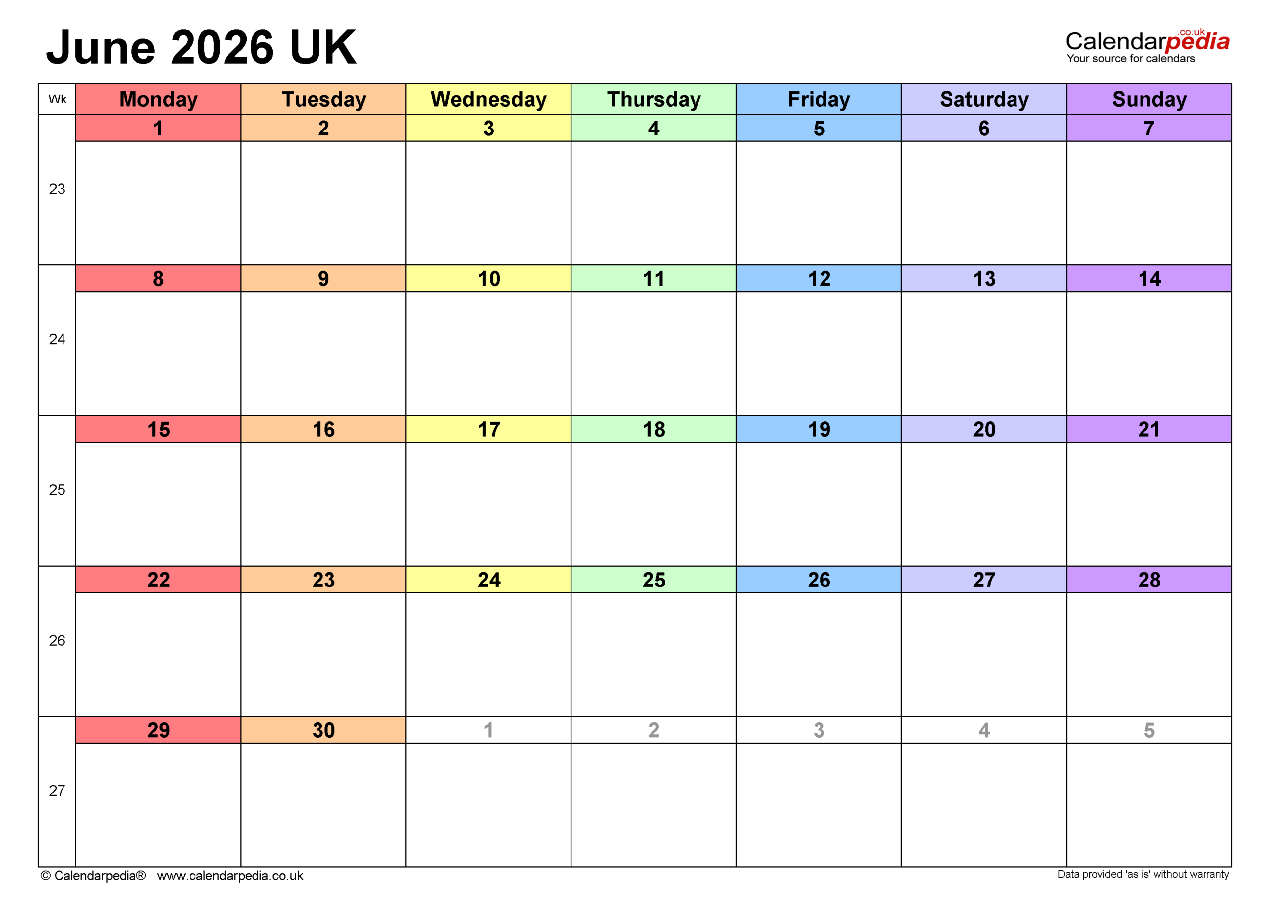 June 2026 Calendar Uk