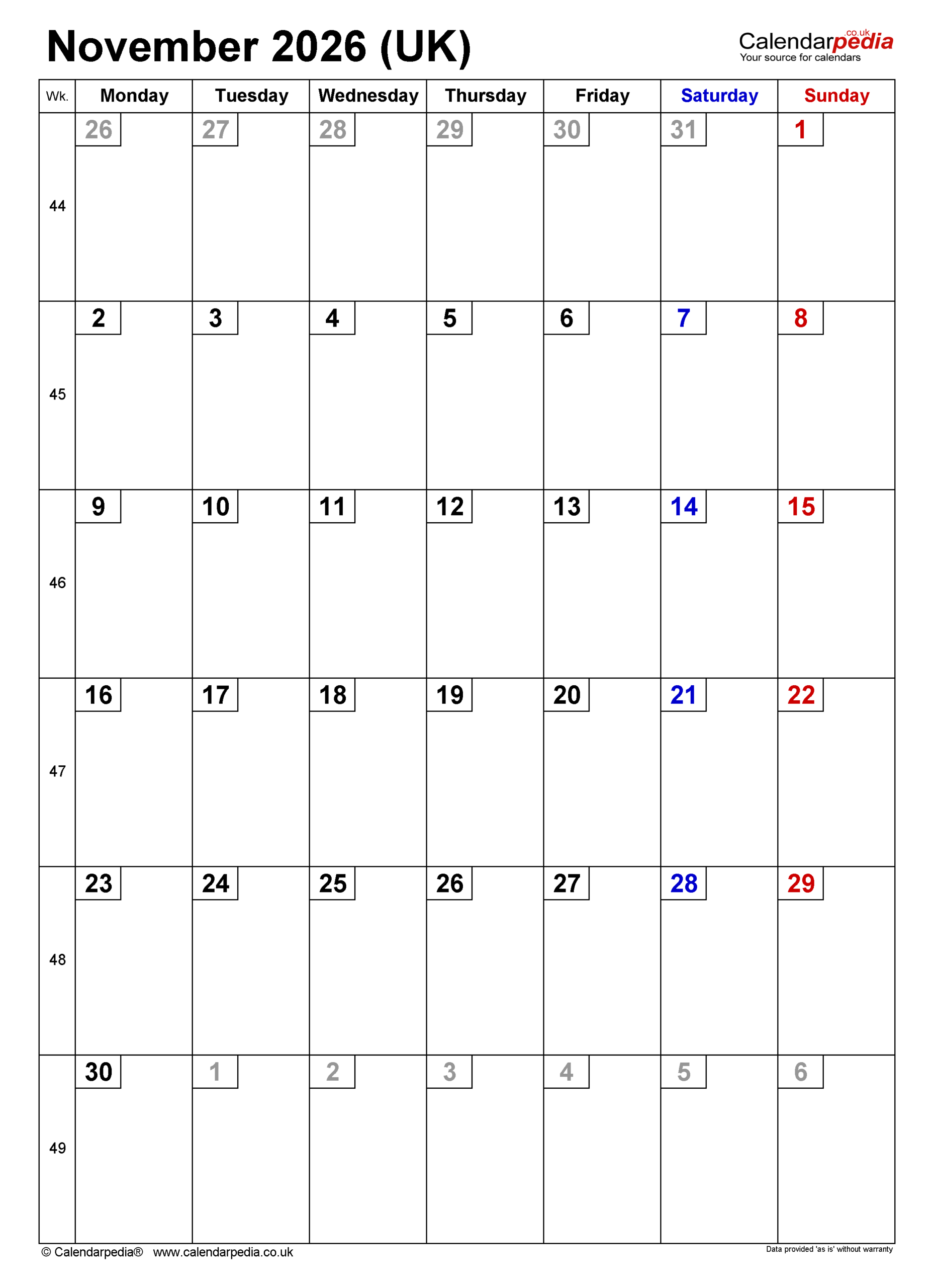 Mini November 2026 Printable Calendar