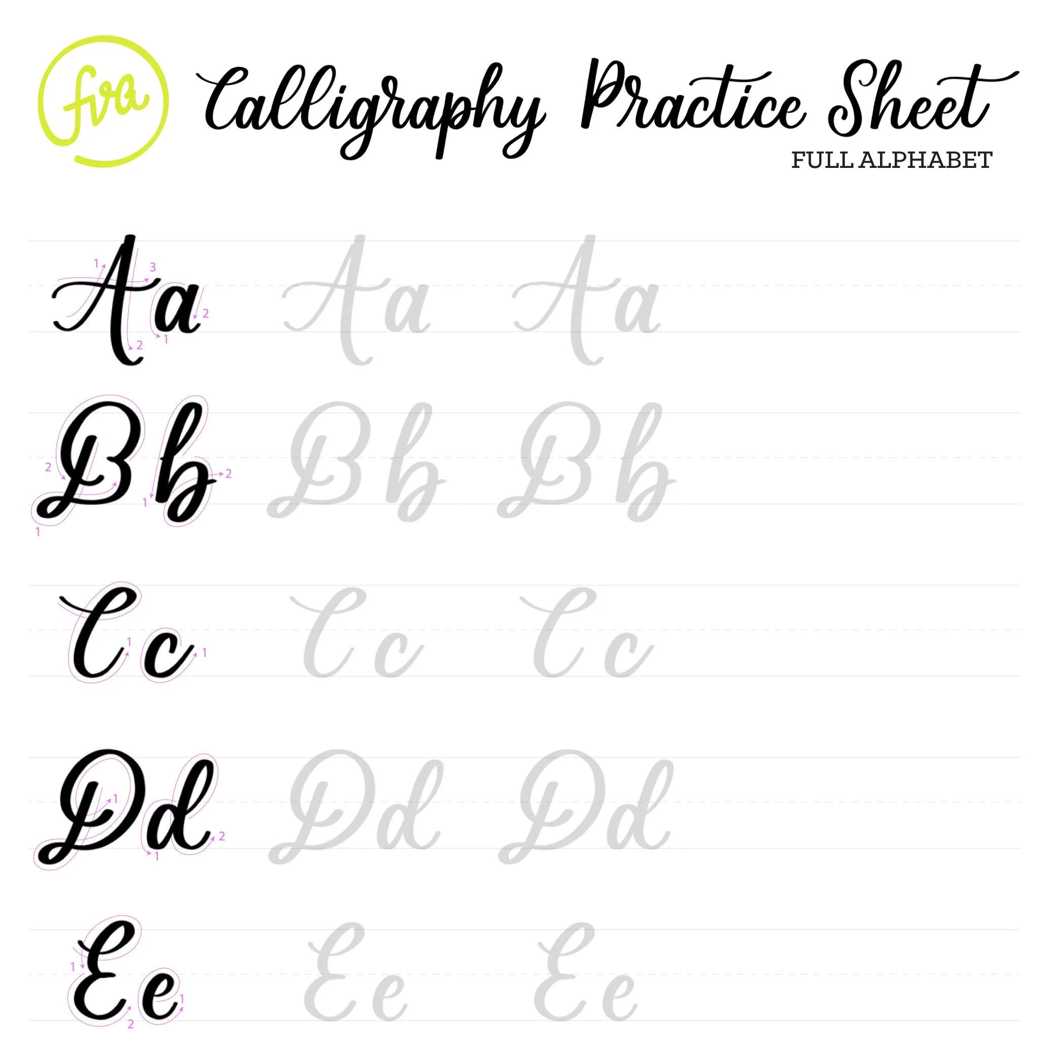 Calligraphy Practice Sheets Full Alphabet Lettering Digital 