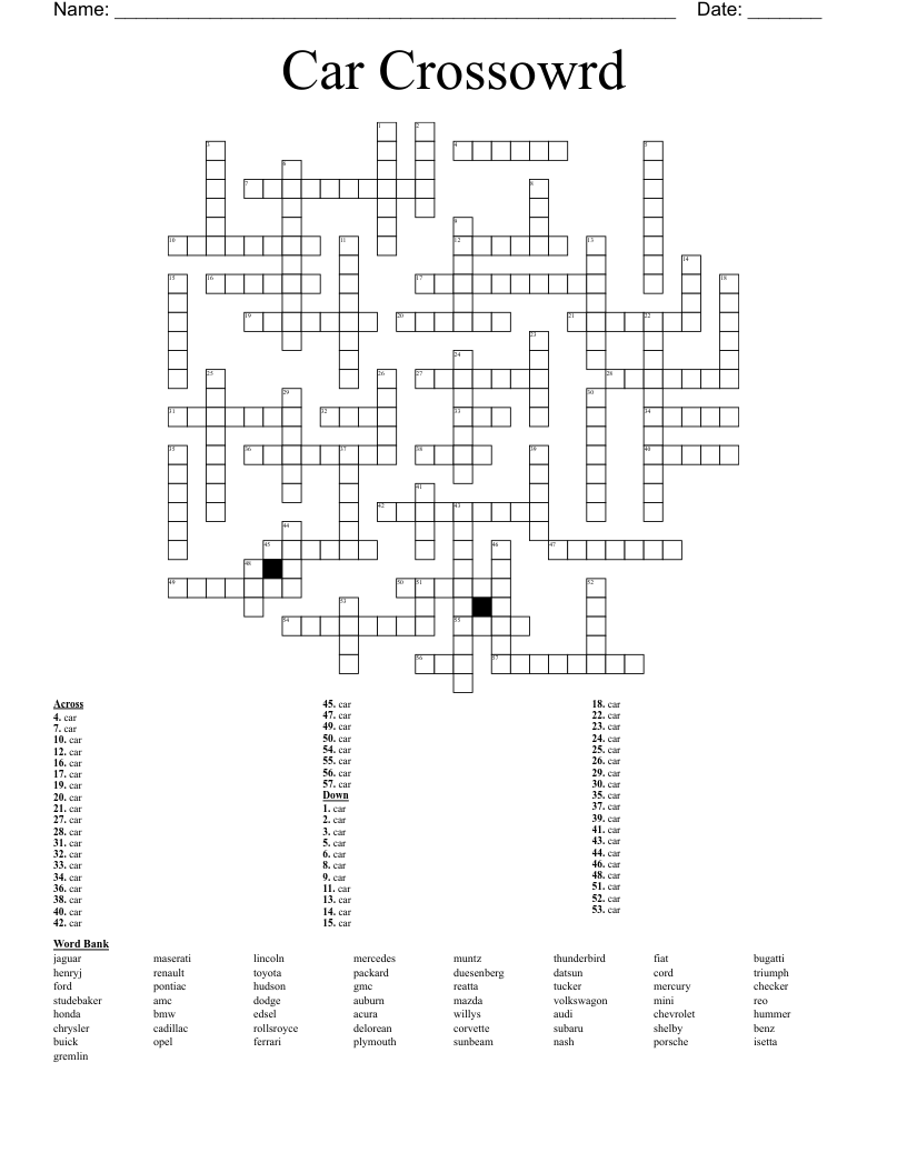 Car Crossword Puzzles Printable