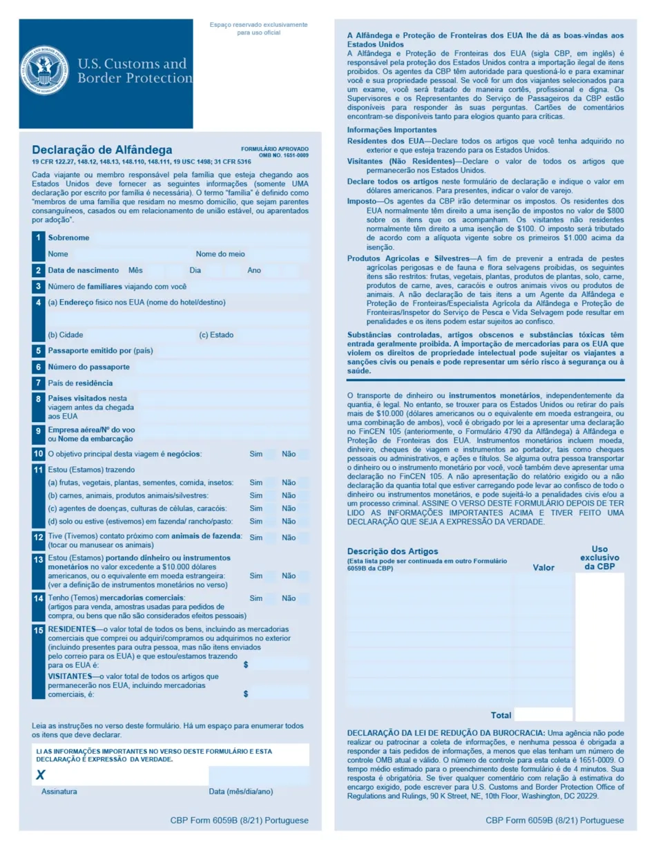 Customs Form 6059b Printable