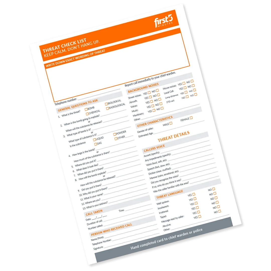 Checklist Bomb Threat Checklist First 5 Minutes