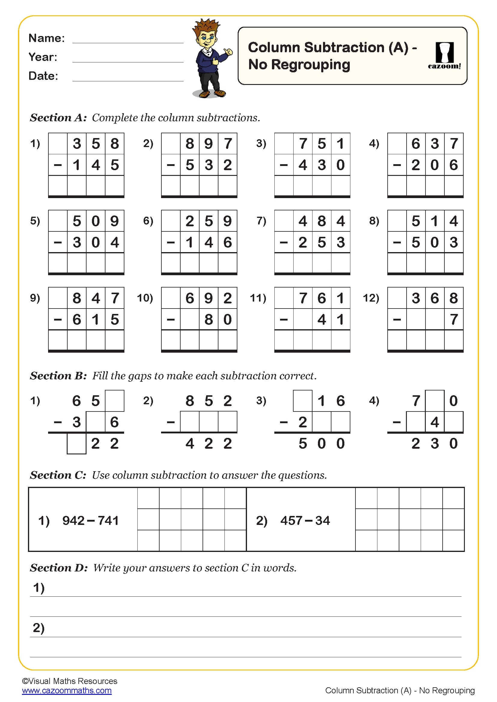 Column Subtraction A Worksheet PDF Printable Subtraction 