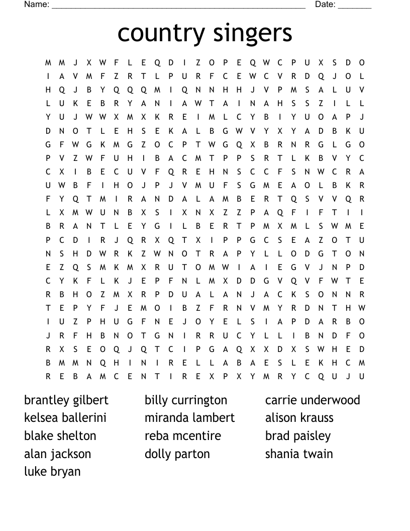 Country Music Crosswords Word Searches Bingo Cards WordMint