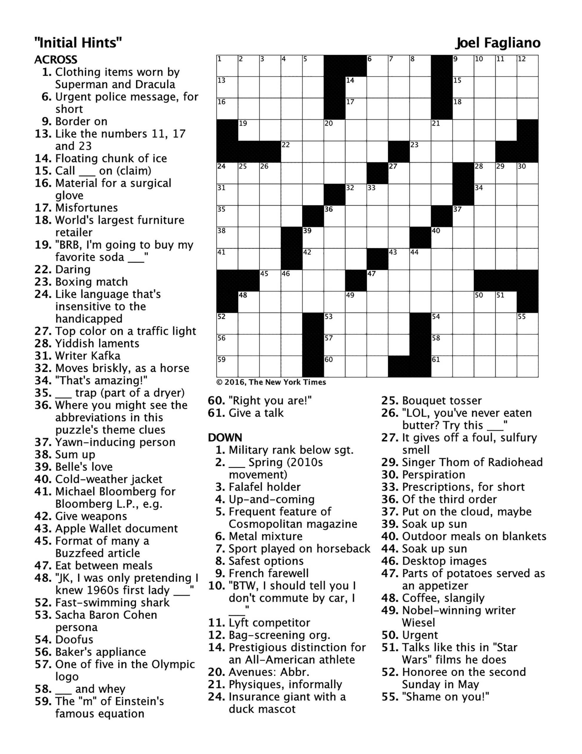 Crossword Challenge Initial Hints Pomona College Pomona 