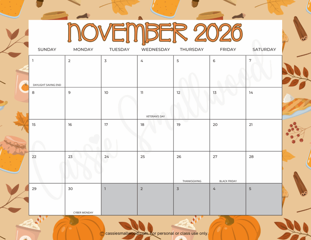 November 2026 Calendar Printable Kids