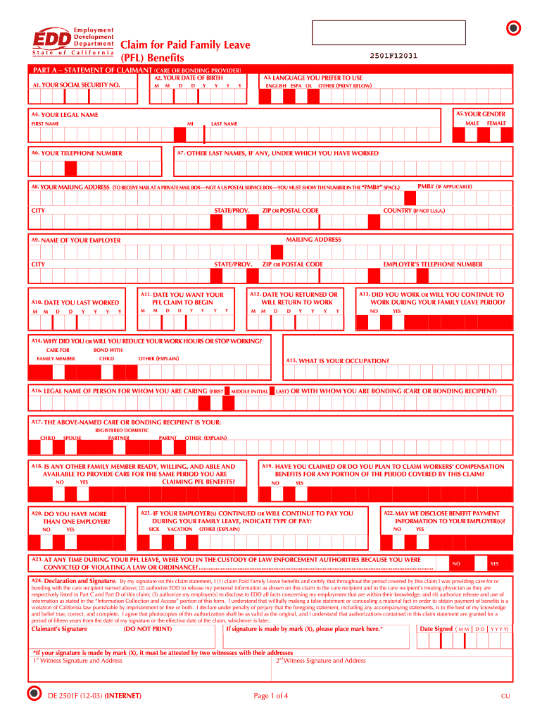 Edd Disability Claim Form De 2501 Printable