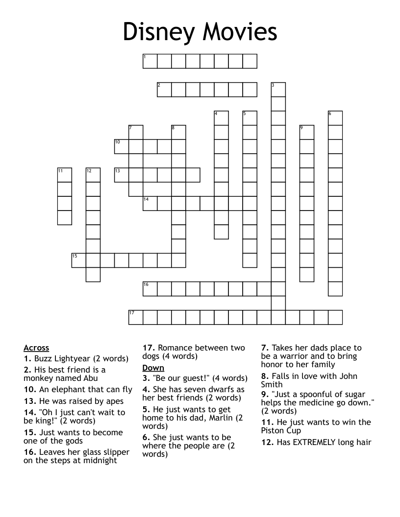 Free Printable Disney Crossword Puzzles