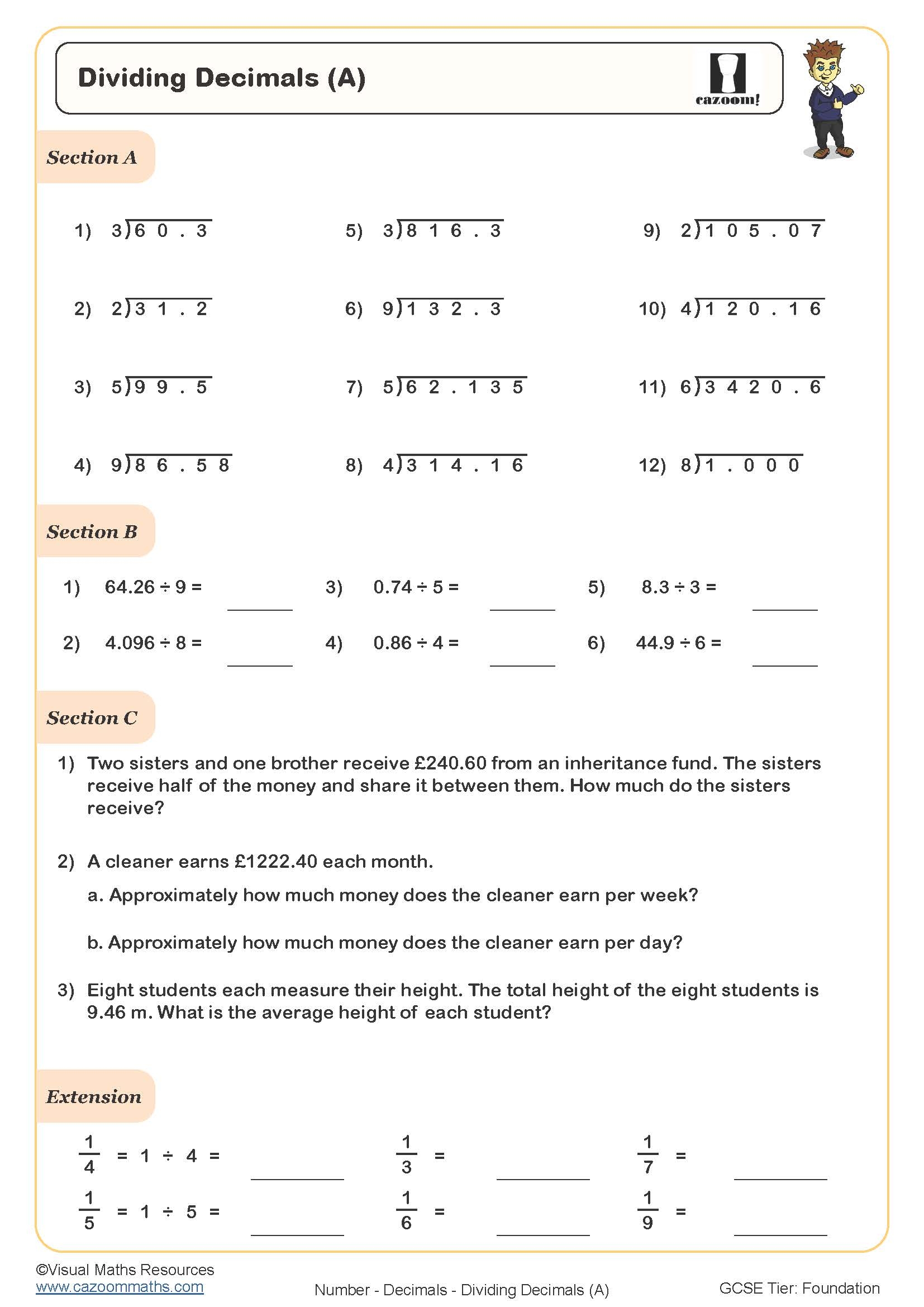 Free Printable Decimal Division Worksheets