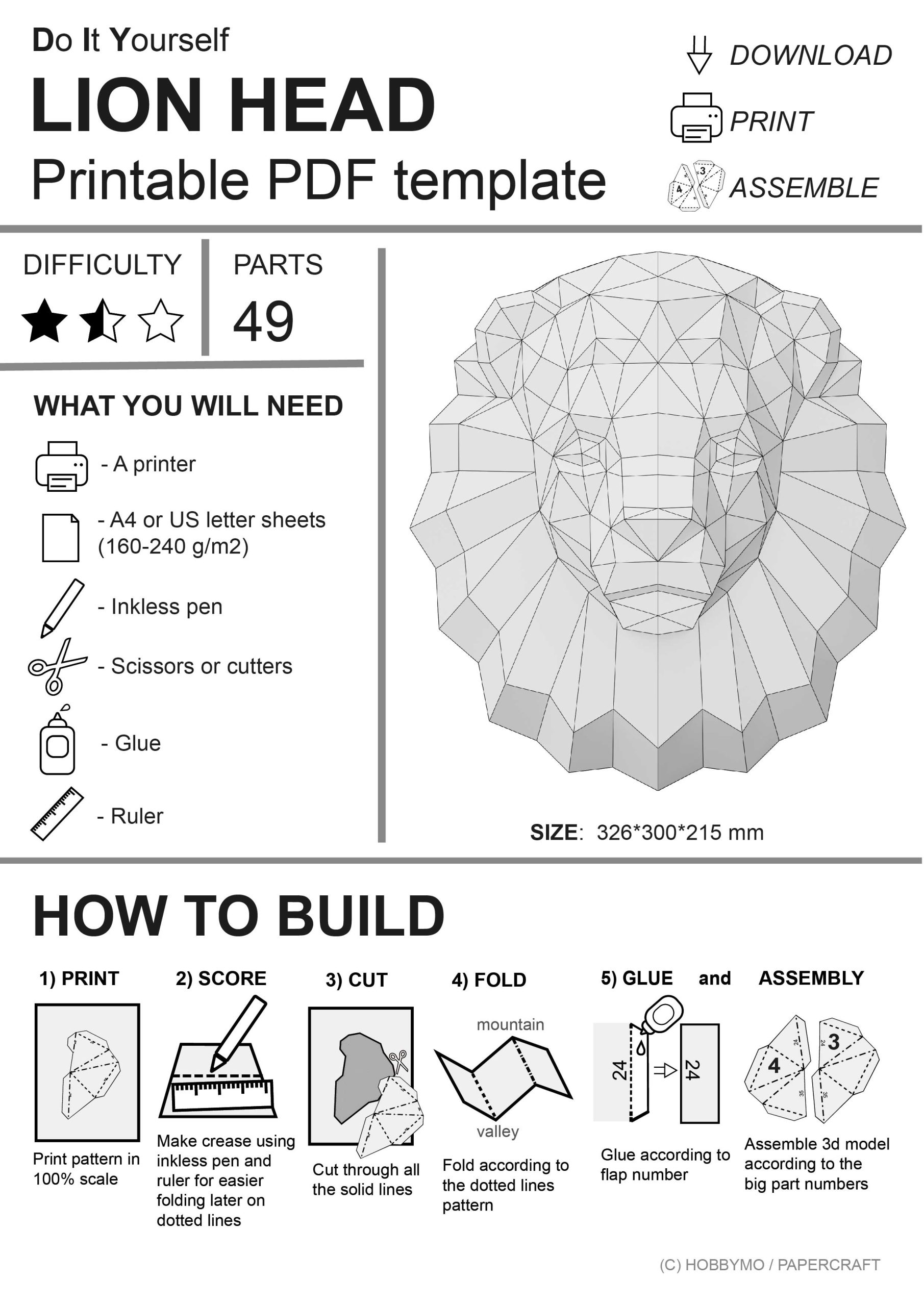 DIY Lion Head printable Pdf Template Papercraft Animals Paper 