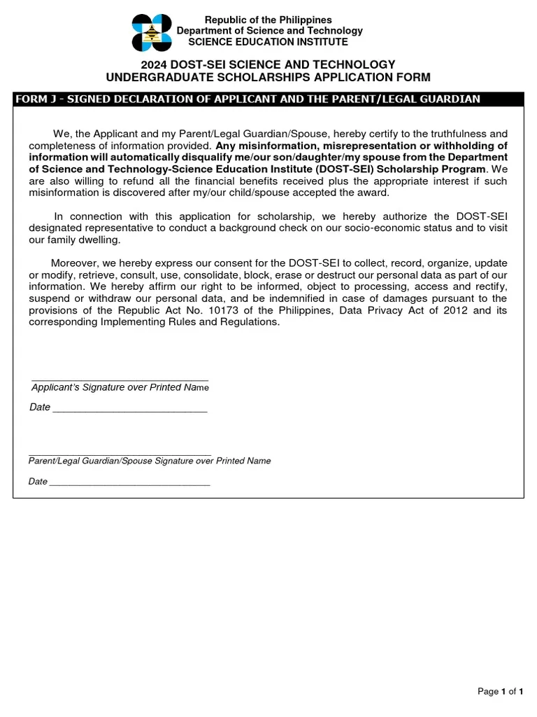 DOST SEI Scholarship Declaration Form PDF