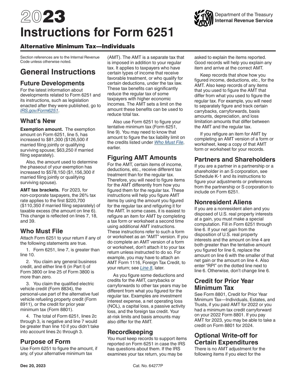 Download Instructions For IRS Form 6251 Alternative Minimum Tax 