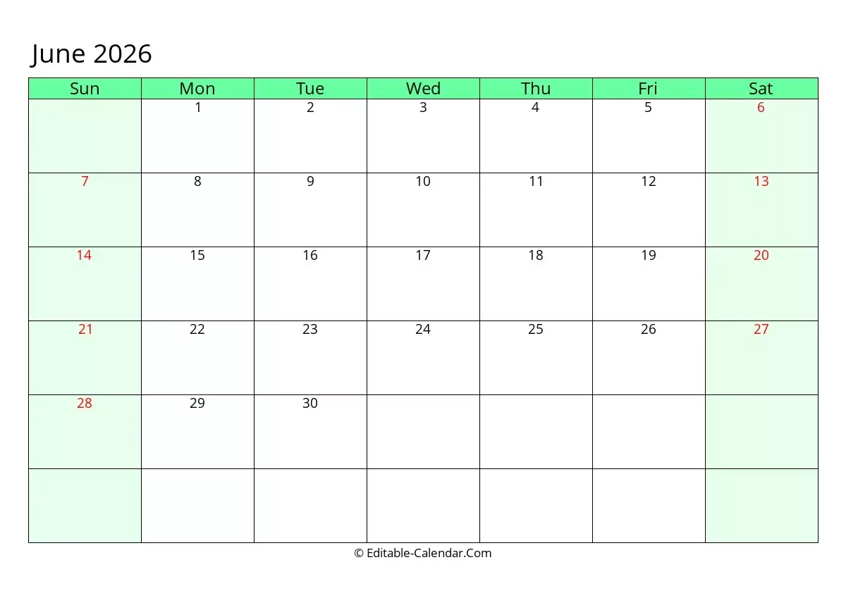 Blank June Calendar 2026 Editable