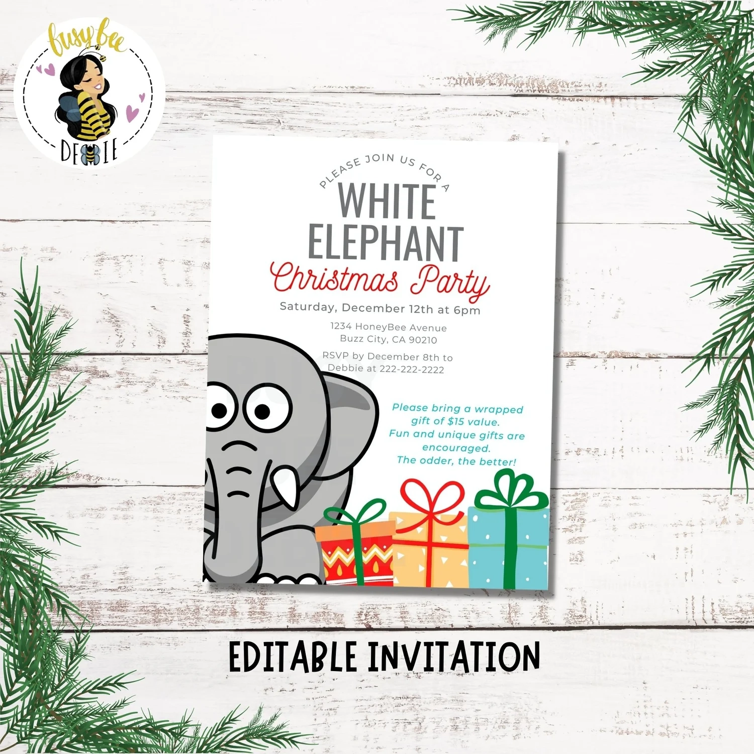 Editable White Elephant Christmas Party Invite Holiday 