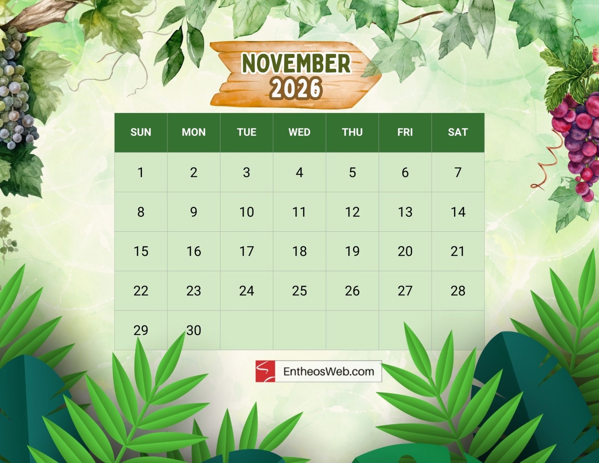 November Calendar 2026 Printable Leaves