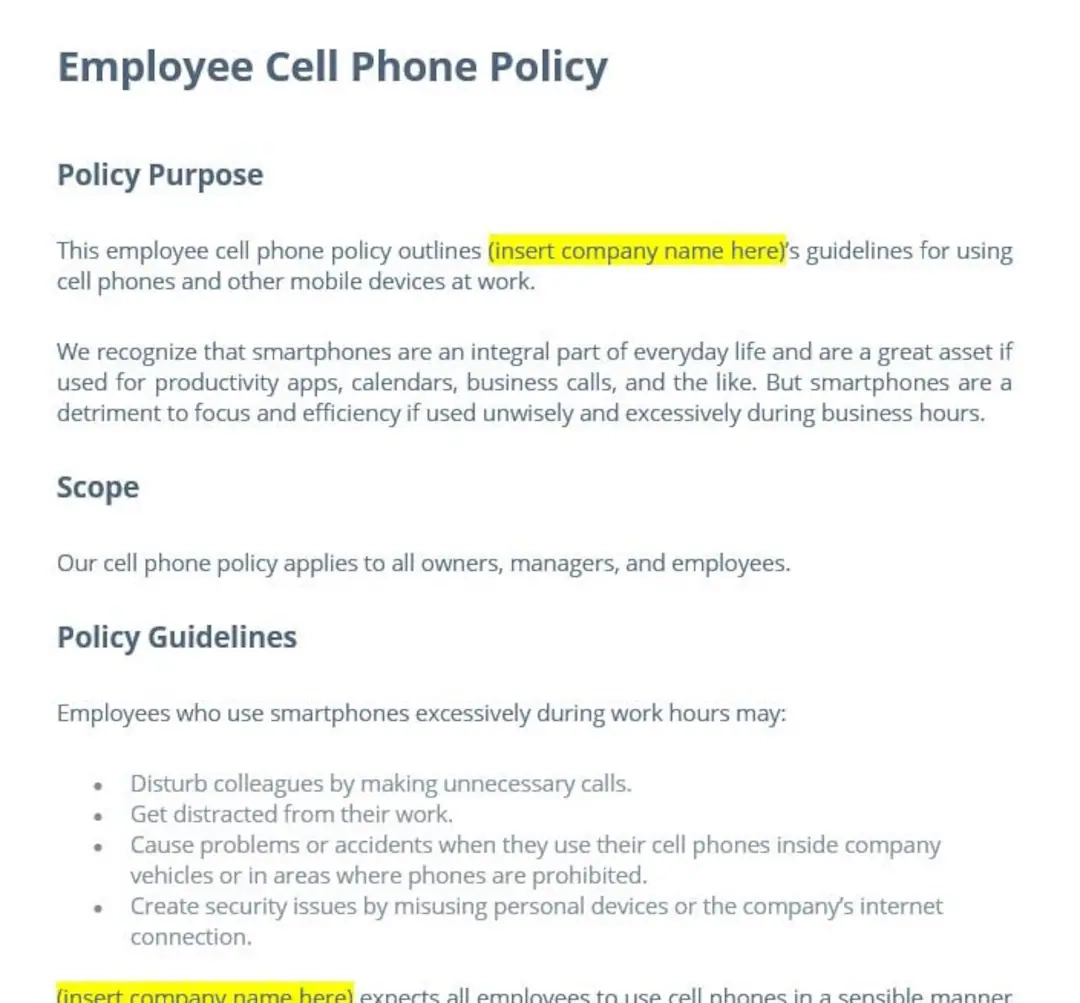 Printable Cell Phone Policy Template