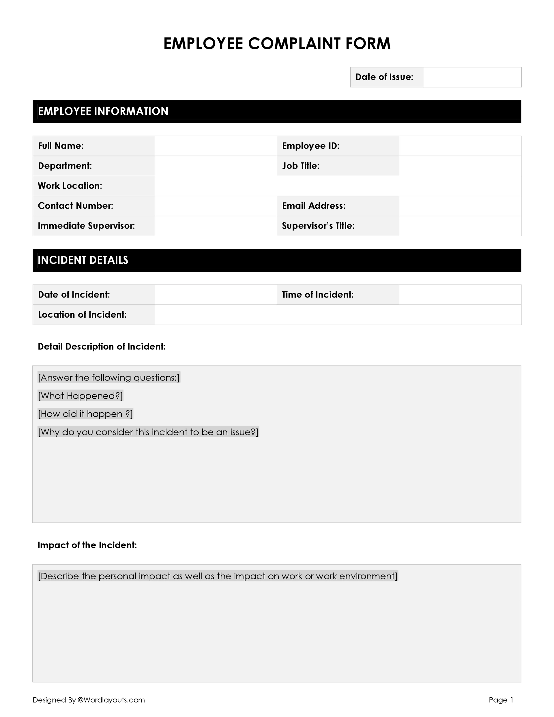 Employee Complaint Form Templates Word GDocs WordLayouts