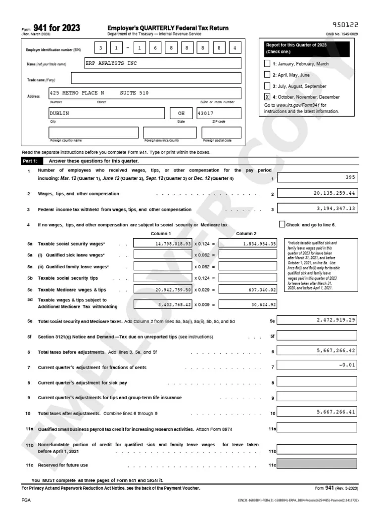Employer Copy 941 For 2023 941 For 2023 PDF Social Security 