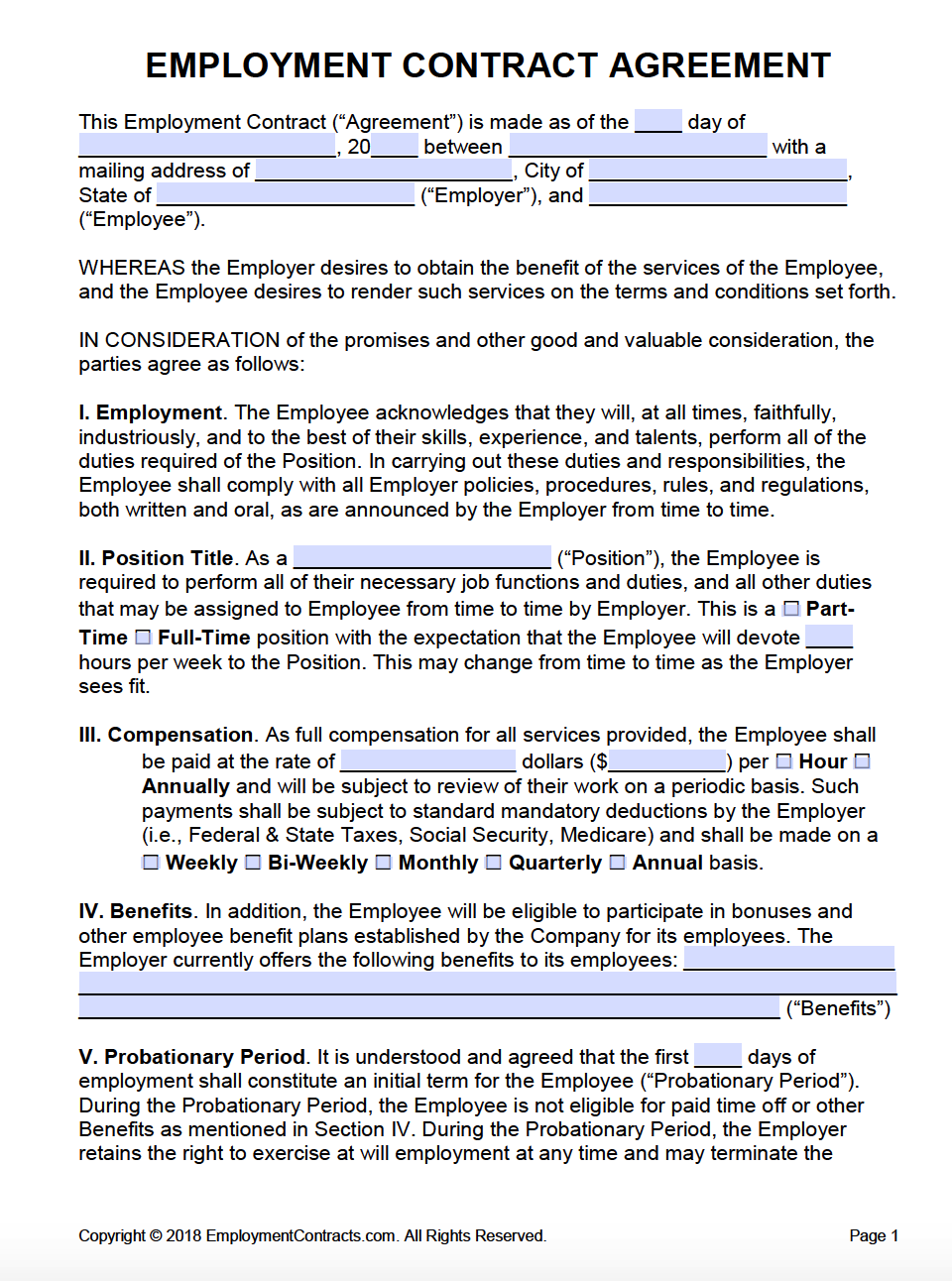 Job Printable Employment Contract Template